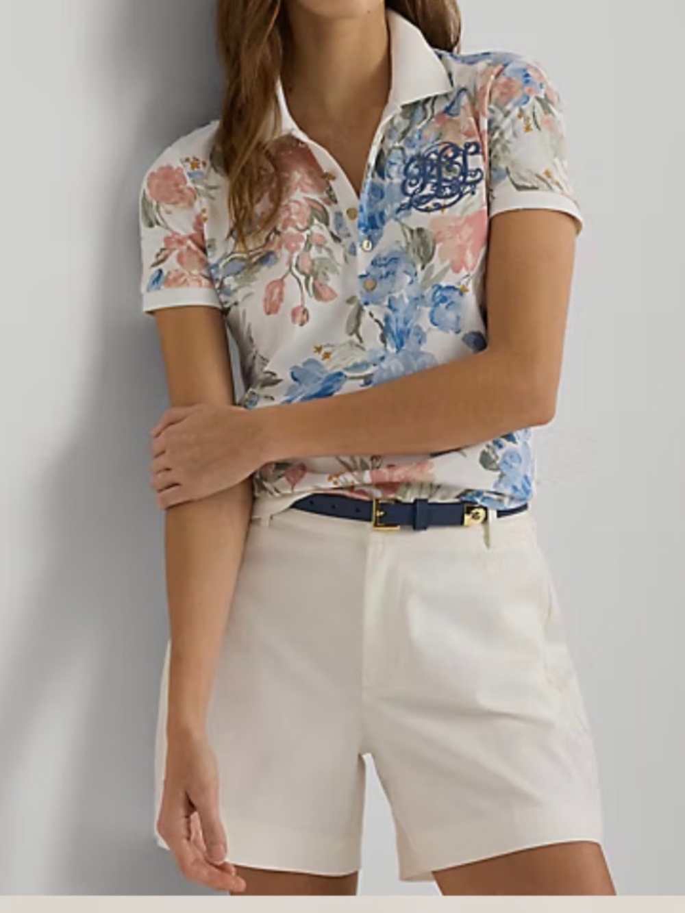 Lauren Ralph Lauren Women’s Floral Pique Polo Shirt Size L • Embroidered Logo •
